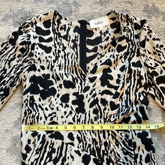 BA&SH Olga Gathered Printed Crepe de Chine Midi Dress Black White Splotchy 0 XS - Picture 8 of 13